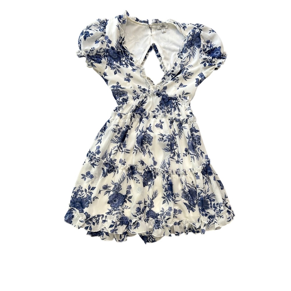 Justify Womens Blue White Floral Ruffle Puff Sleeve Open Back Romper Size S - Picture 2 of 5